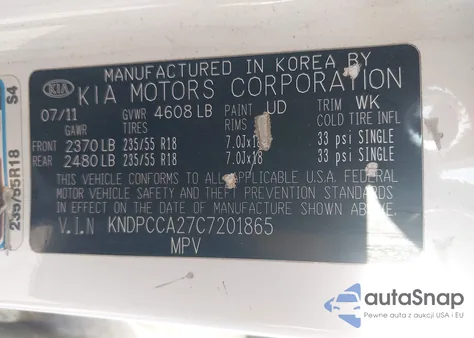 2012 Kia Sportage Ex из США, поврежденный, VIN KNDPCCA27C7201865